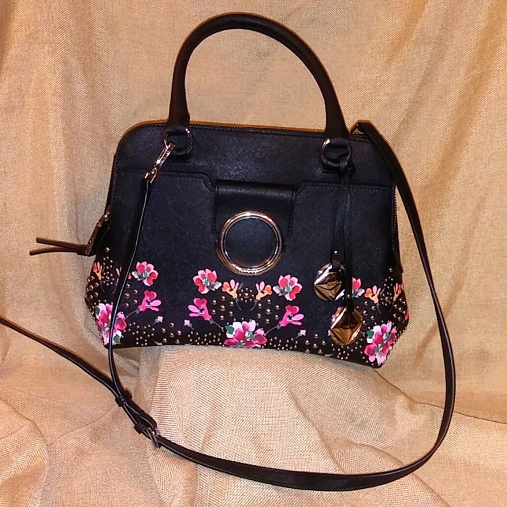 CALVIN KLEIN Black, Saffiano, Studded Crossbody w/Charm